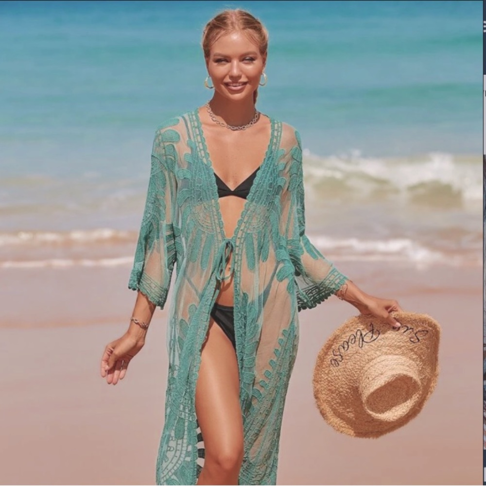 Boho Caribbean Green Floral Lace Embroidered Kimono Duster Cover Up 🌿
